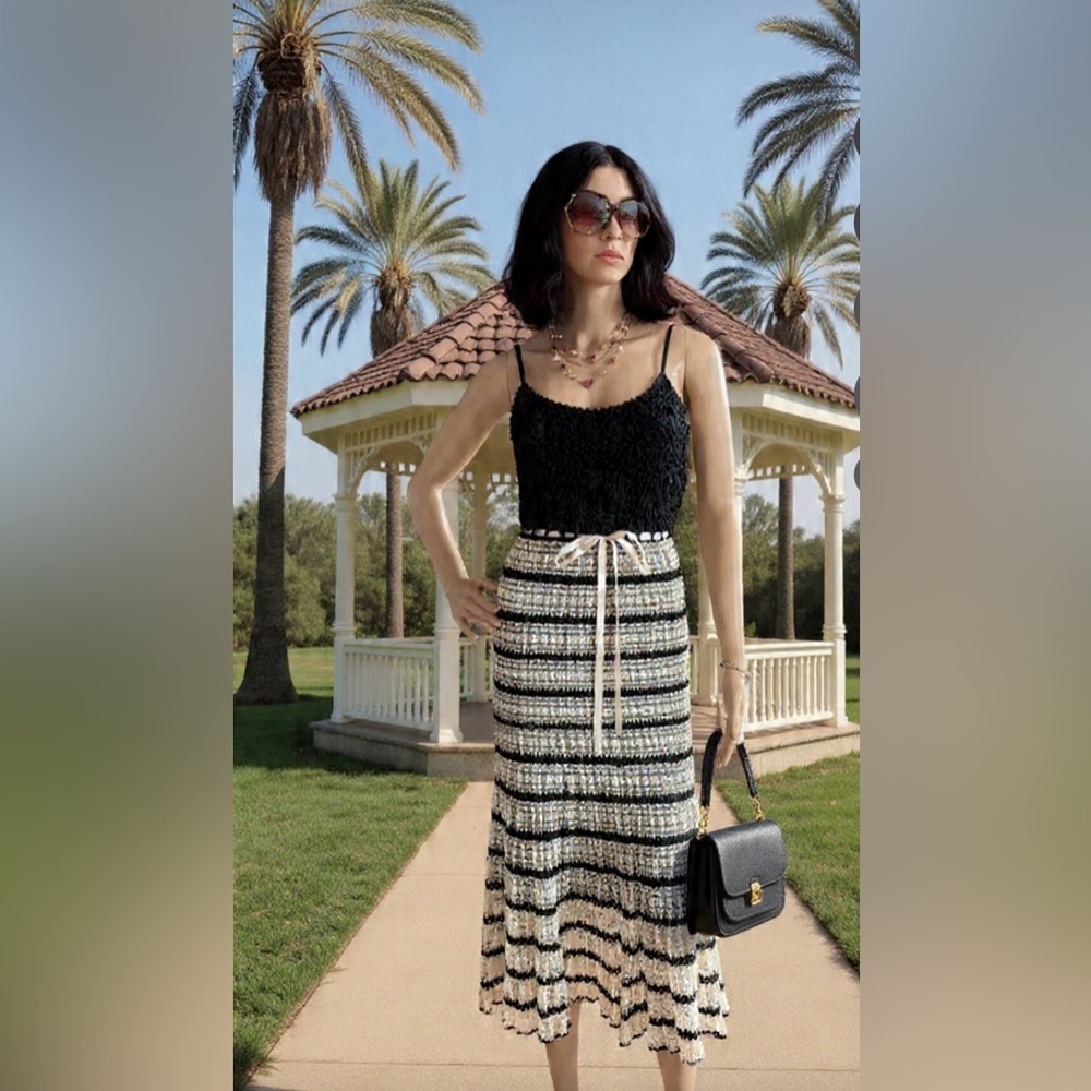 BETSY JOHNSON Elegant Black & Cream Striped Vintage 1990’s Maxi Dress Size Small
